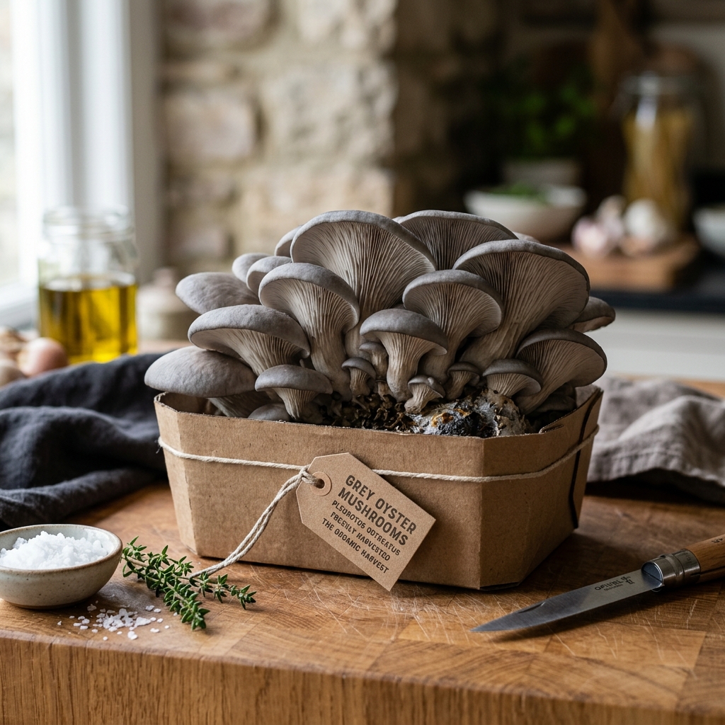 Fresh Grey Oyster Mushrooms cluster in artisanal craft pack
